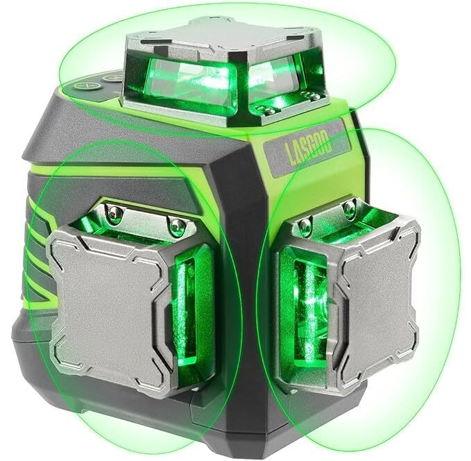 Laser Level 3x360° Self Leveling, 3D Green Cross Line Laser for Construction and Picture Hanging, Rechargeable Battery, Remote Control, Magnetic Rotating Stand Included - LG-3Dx