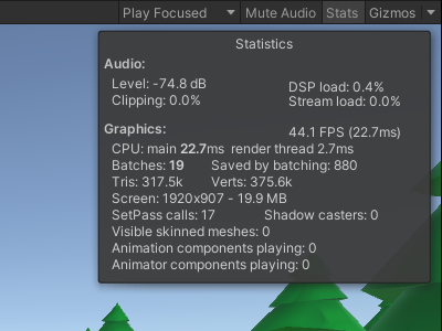 Unity stats tab before LOD optimization